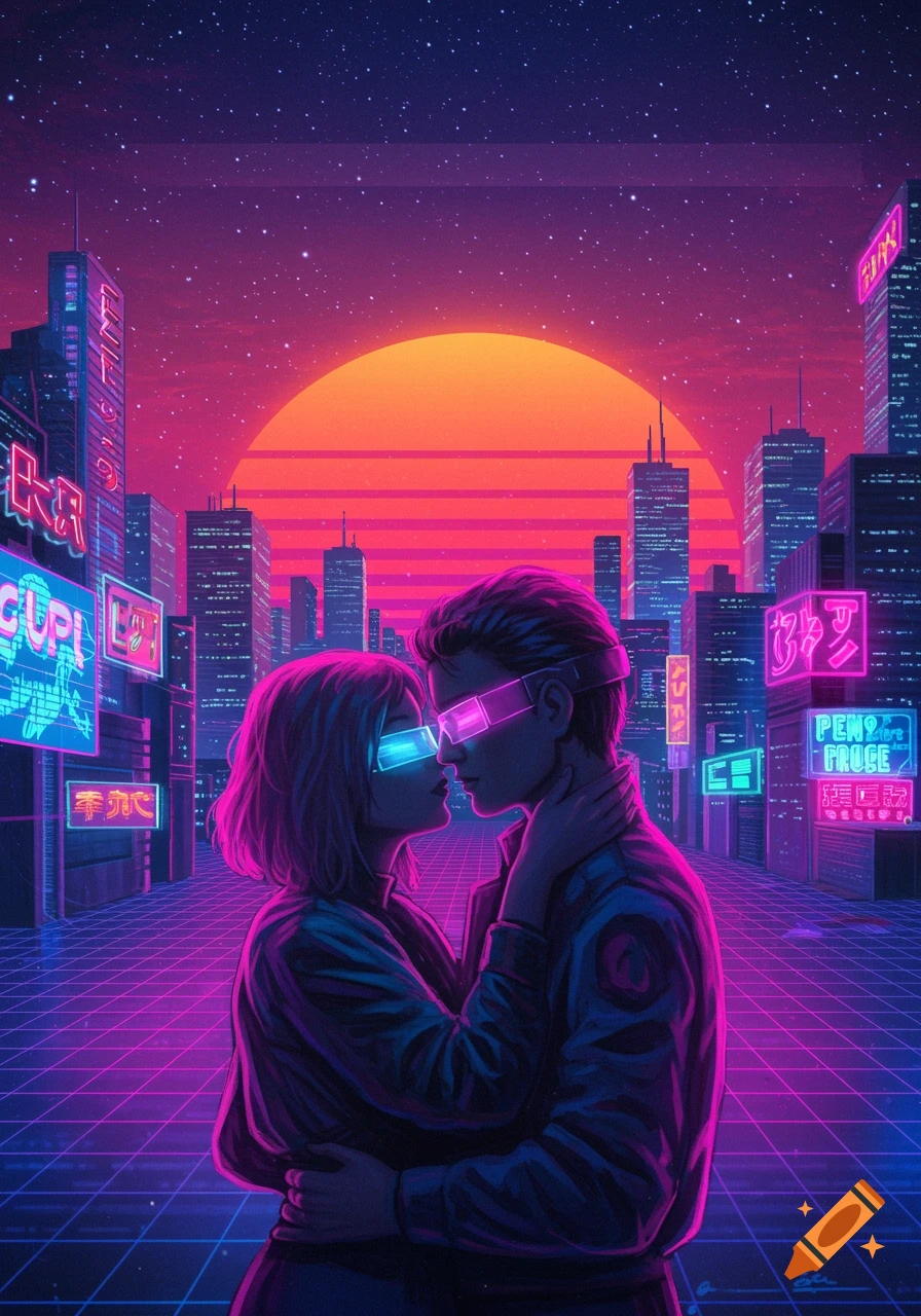 A synthwave-style illustration of a couple wearing glowing visors, embracing in a neon-lit futuristic city with a large sunset in the background.