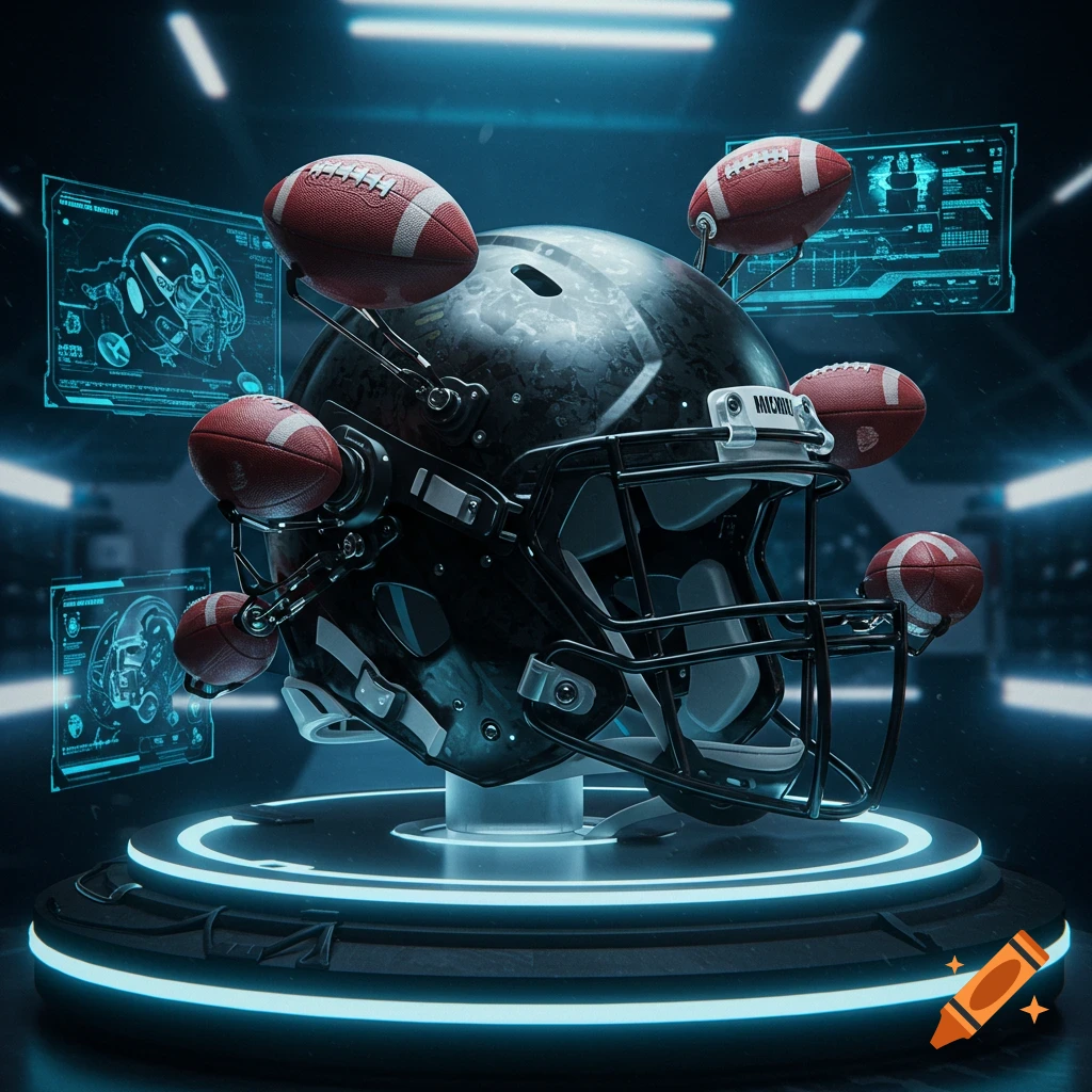 A futuristic black football helmet with floating footballs on a glowing pedestal, surrounded by blue holographic displays in a sci-fi setting.