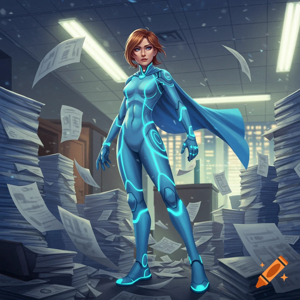A female superhero in a blue suit with glowing neon lines stands in an office surrounded by huge stacks of papers. Illustrated style.