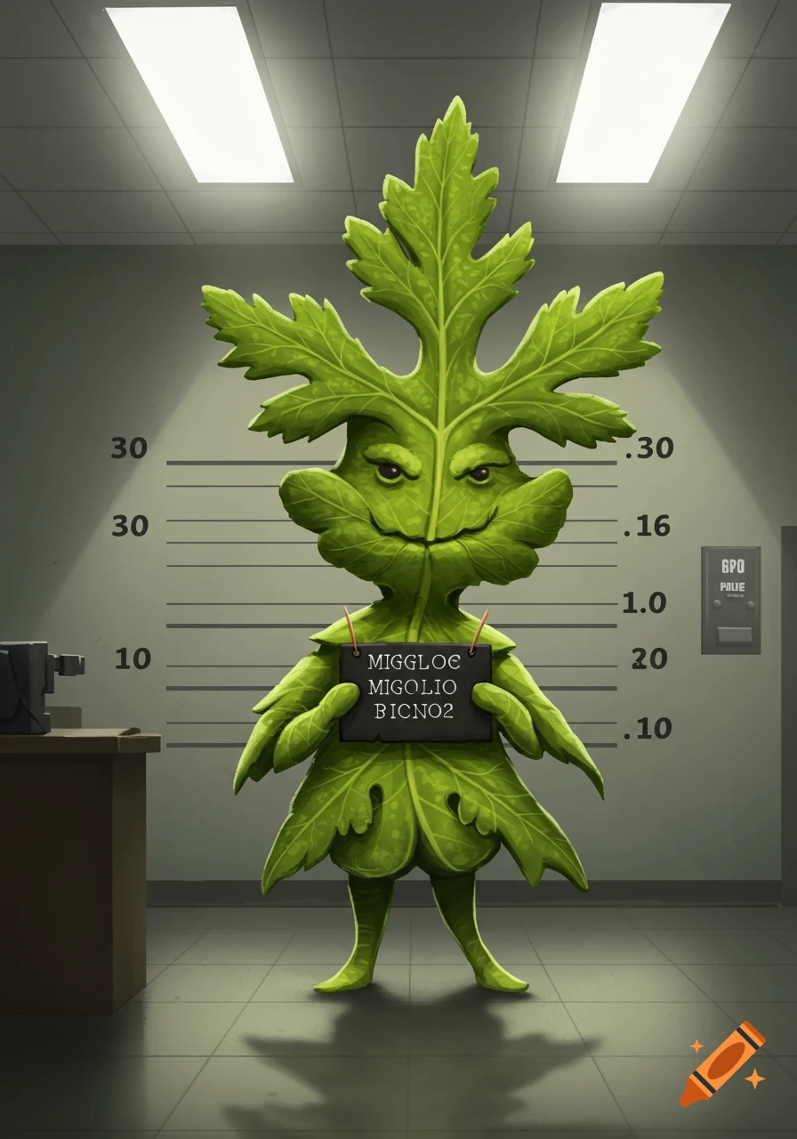 A green, leafy, human-like plant creature stands against a height chart, holding a blackboard for a mugshot.