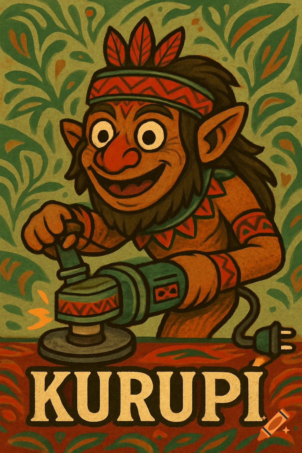 A brown, cartoonish creature with red headwear grins while using an electric grinder, surrounded by green folk art patterns. The name KURUPI is at the bottom.
