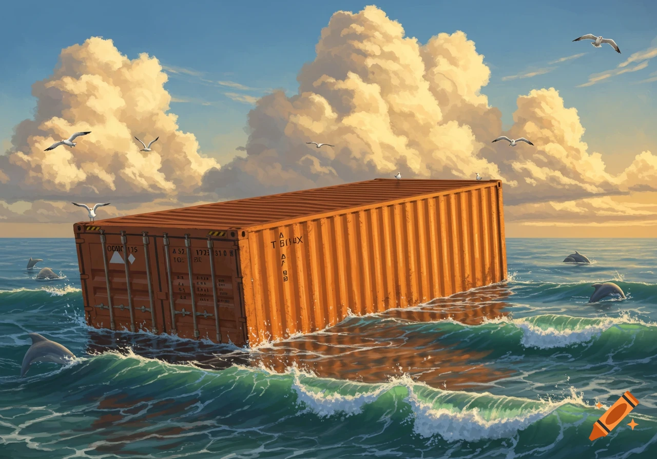 An orange shipping container floats in the ocean surrounded by dolphins and seagulls under a cloudy sky.