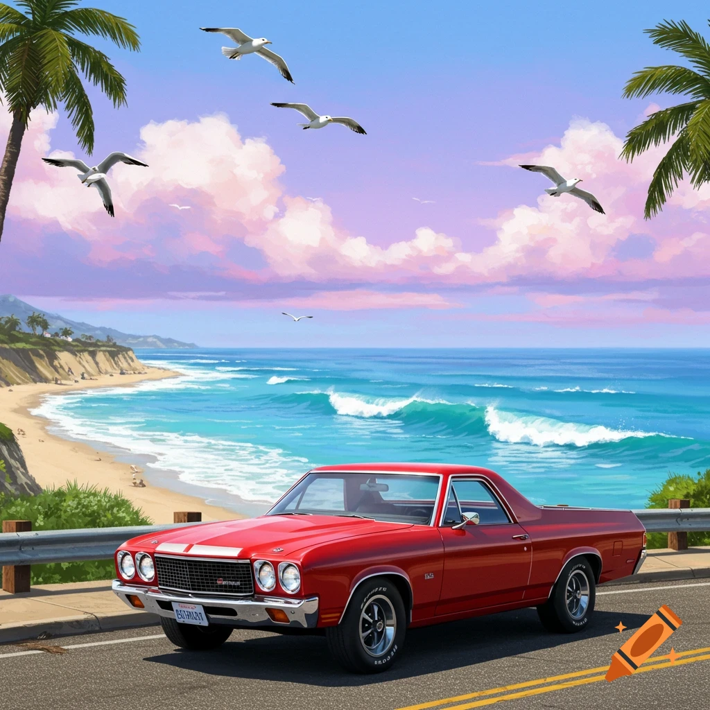 A red classic El Camino truck on a coastal road overlooking a sunny beach with blue waves, palm trees, and seagulls under a pastel sky, in a vibrant digital painting style.
