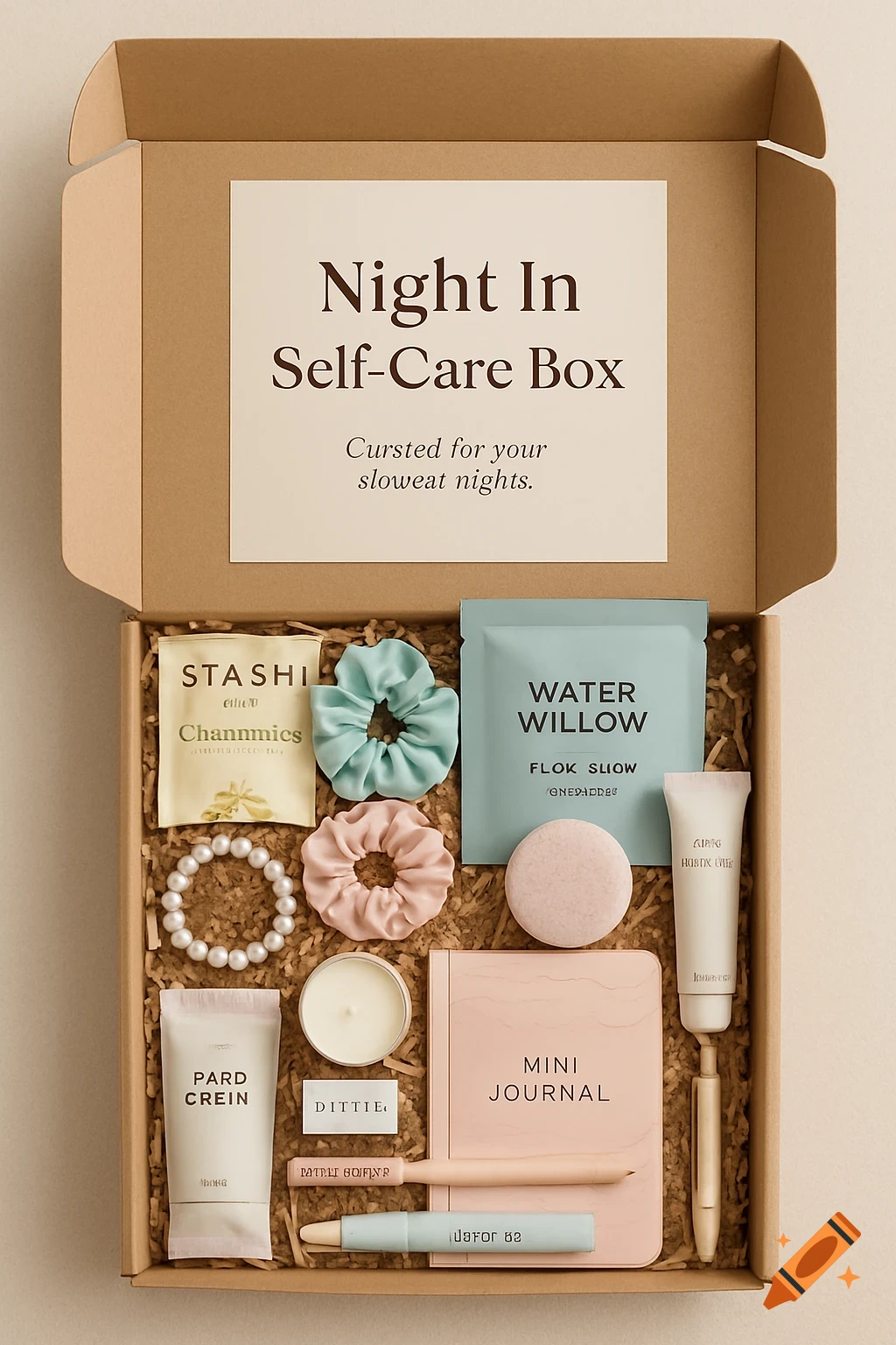 A top-down, professionally styled photo of an open kraft gift box labeled "Night In Self-Care Box" filled with pastel self-care items on shredded crinkle paper.