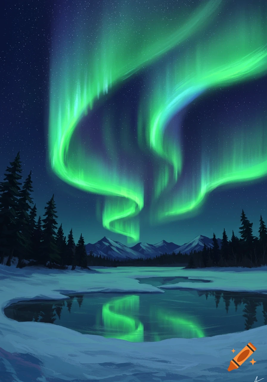 Green aurora borealis lights up a snowy winter landscape with mountains and a frozen lake under a starry night sky.