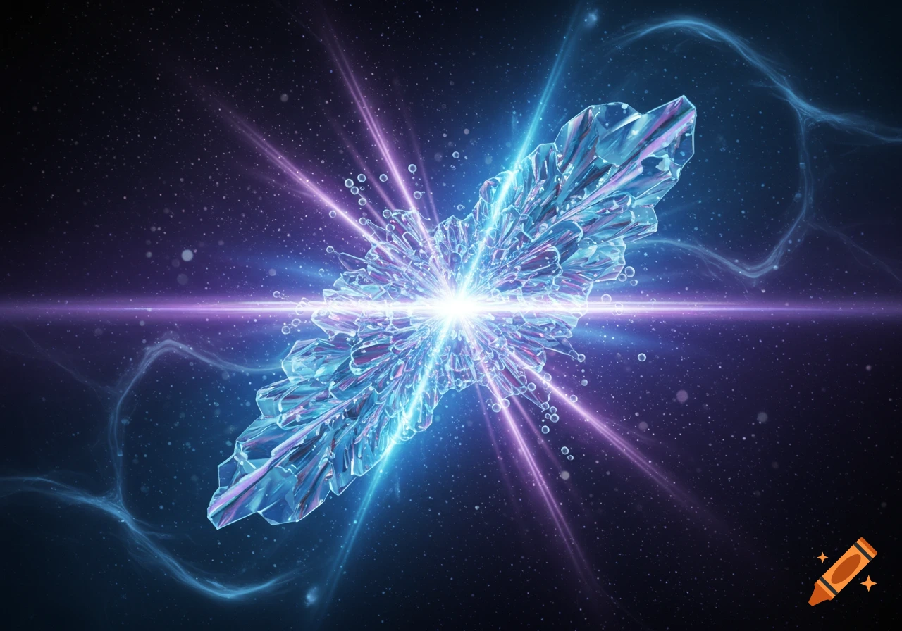 A glowing, multifaceted crystalline structure emits bright light rays in a dark, starry cosmic setting.
