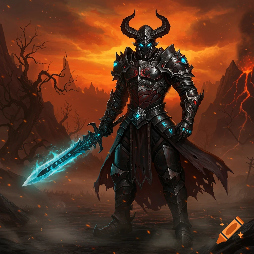 A formidable demon slayer in black horned armor with a glowing blue sword stands in a fiery, volcanic landscape.