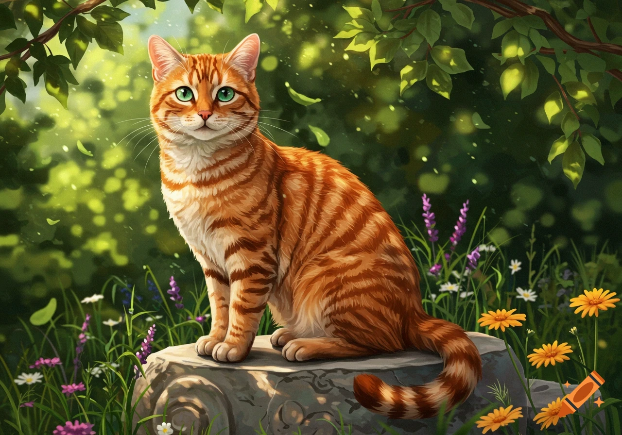 An orange tabby cat with bright green eyes sits on a stone in a lush, sunlit forest filled with wildflowers.