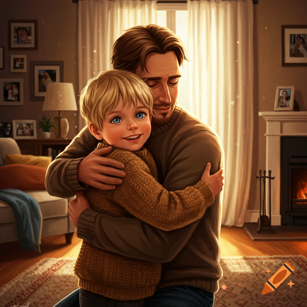 An illustrative portrait of a father hugging his smiling blonde-haired son in a warm, sunlit living room with a fireplace.