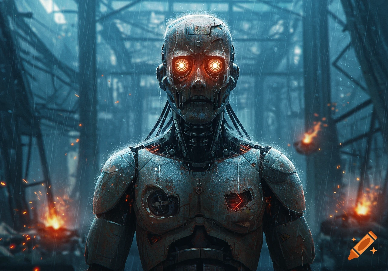A weathered, rusty robot with glowing orange eyes stands in the rain amidst a ruined, industrial city with fires.