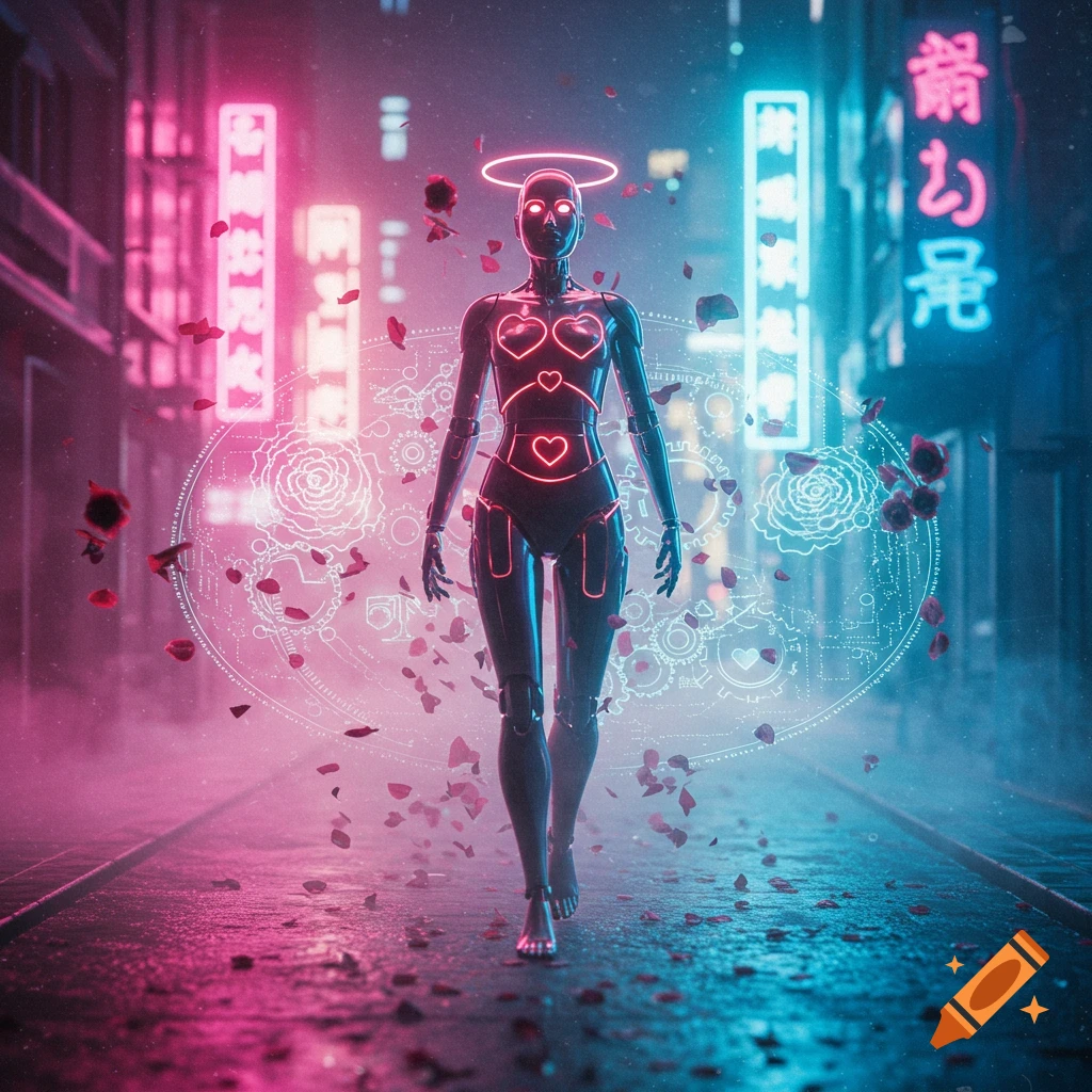 A glowing robot with heart shapes on its torso walks down a neon-lit cyberpunk street with falling rose petals.