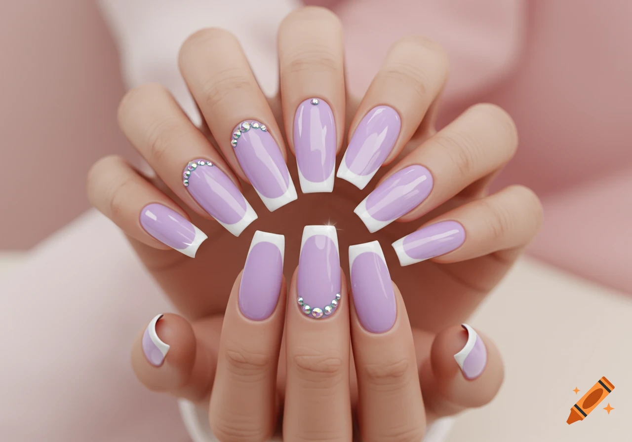 Close-up of hands with pastel purple nails featuring white French tips and small rhinestones.