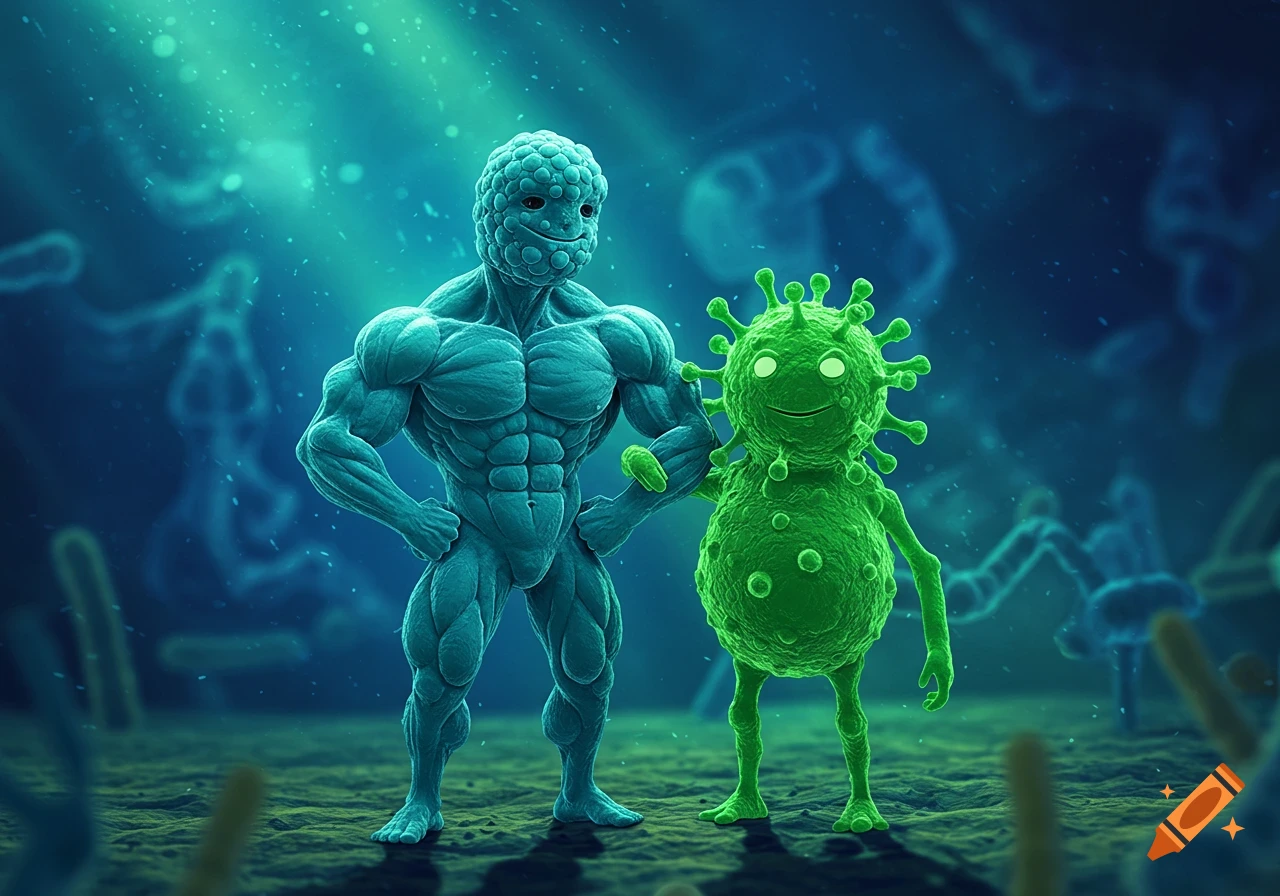 A muscular, blue-green T-cell character standing with its arm around a smaller, spiky green viral vector character in a detailed microscopic setting.
