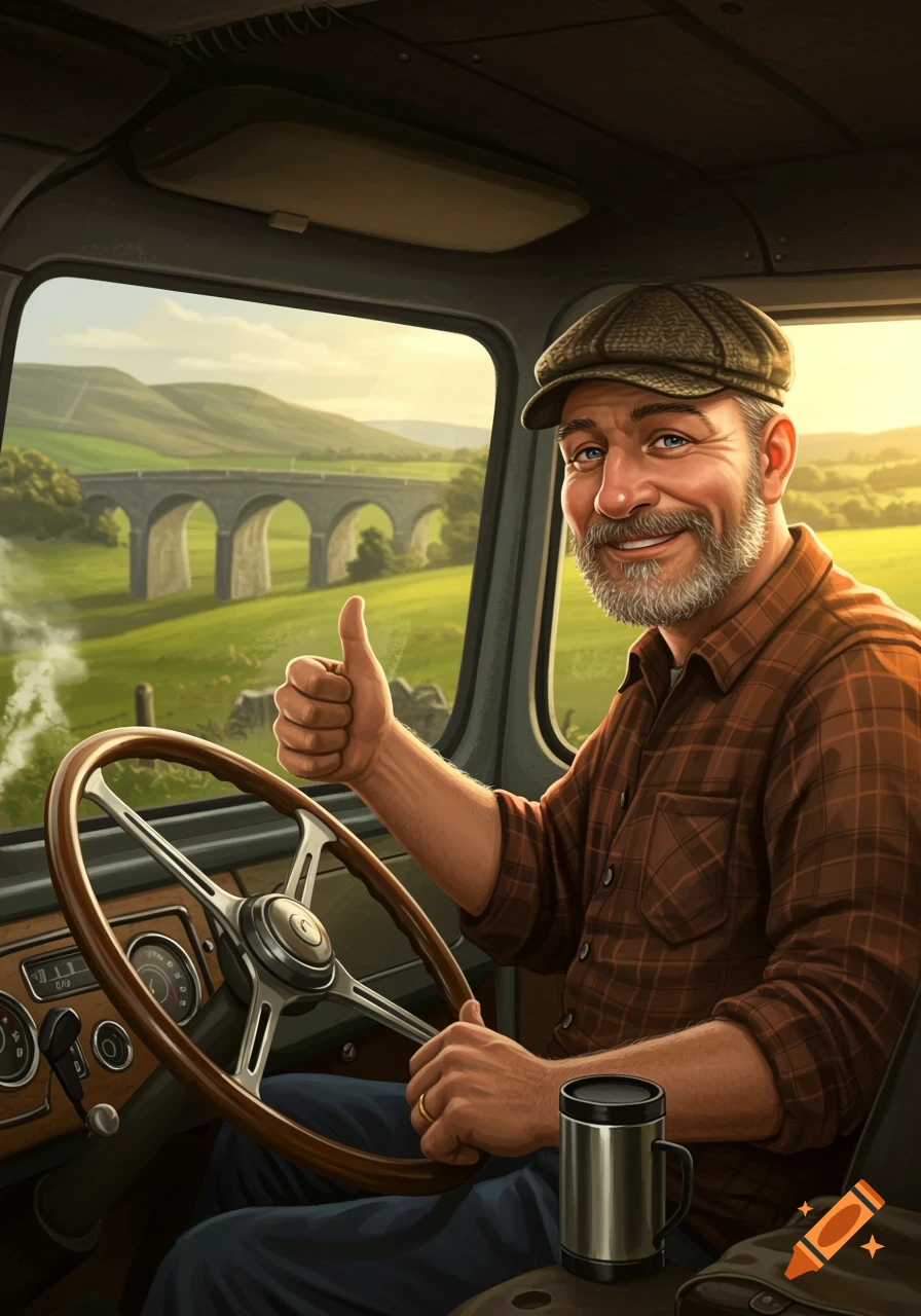 A smiling man in a cap gives a thumbs up from inside a truck, with a bridge and green hills in the background.