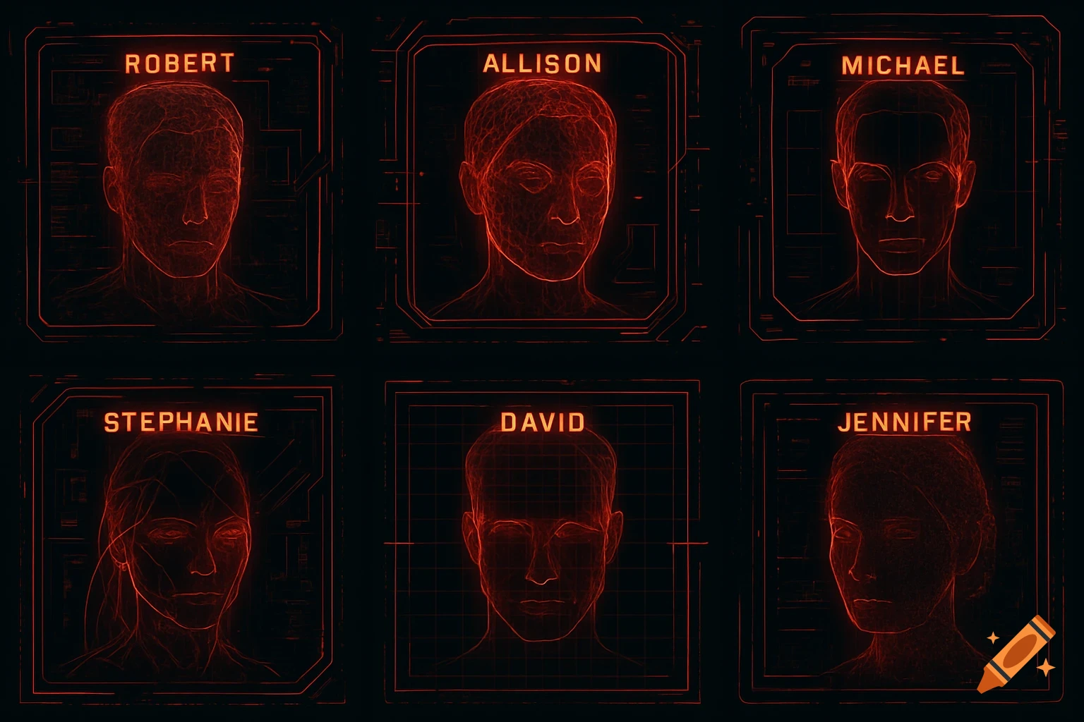 Six red wireframe-style portraits in a grid, resembling a futuristic facial recognition HUD with names like Robert and Jennifer.
