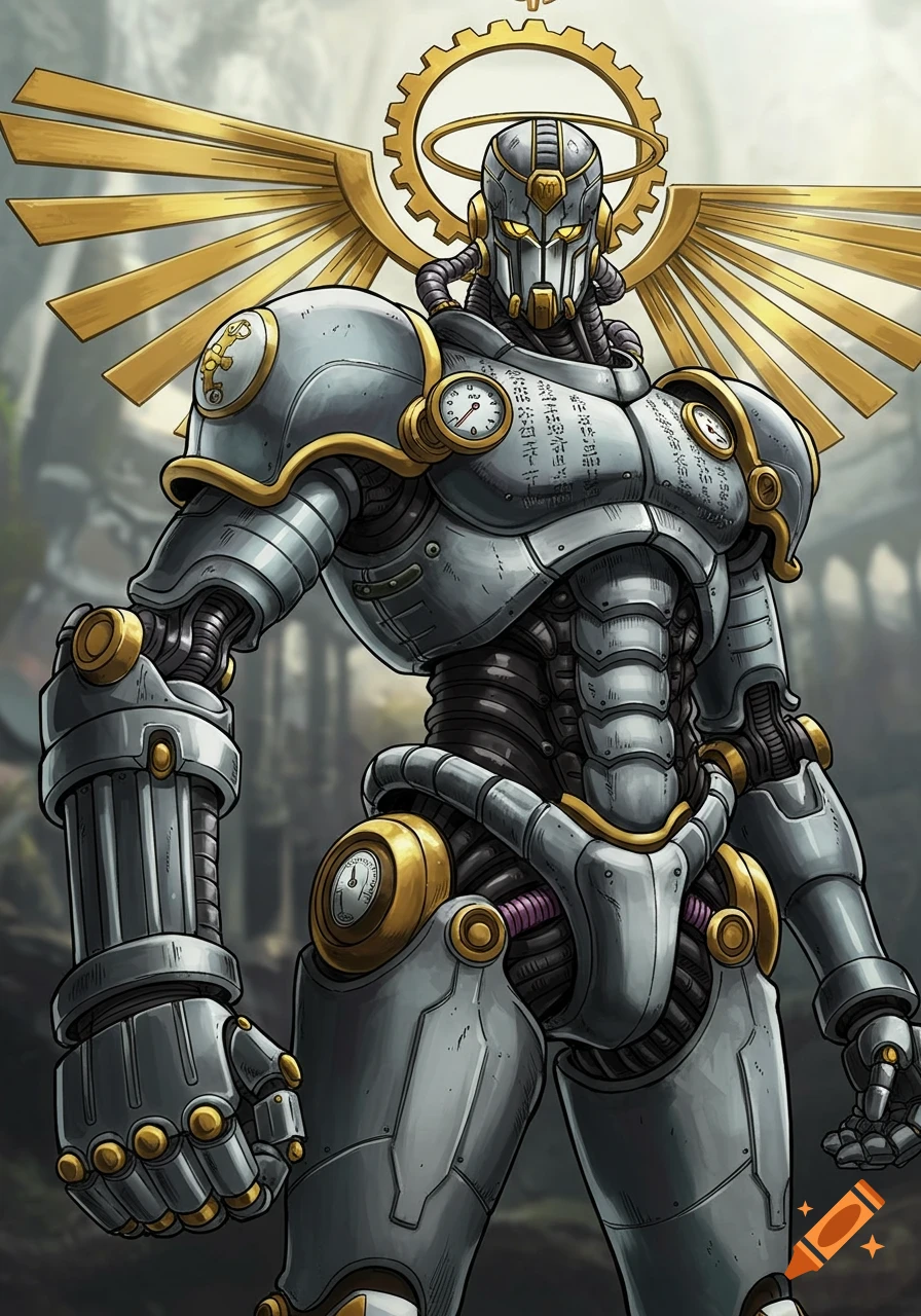 A tall, armored robot with a golden gear-shaped halo and wing-like elements, featuring gauges and scripture-like patterns, in an anime style.