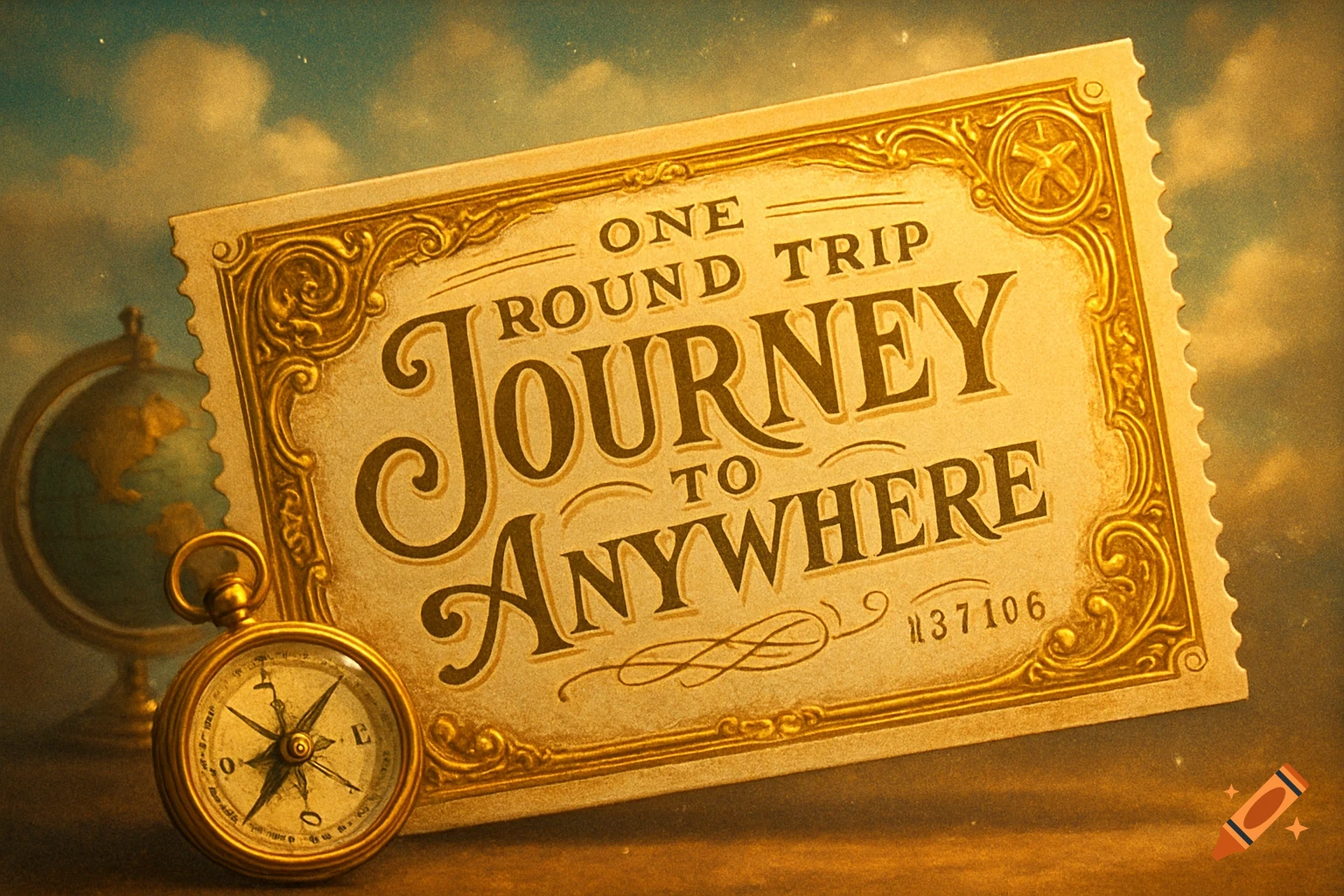 A vintage-style "Journey to Anywhere" ticket with a compass and globe against a cloudy sky.