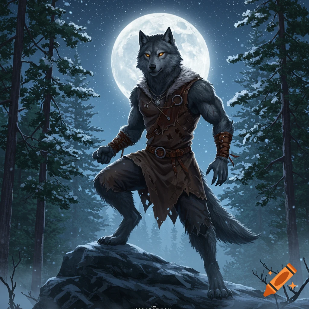 A muscular werewolf with glowing eyes stands on a snowy rock in a dark, moonlit winter forest.