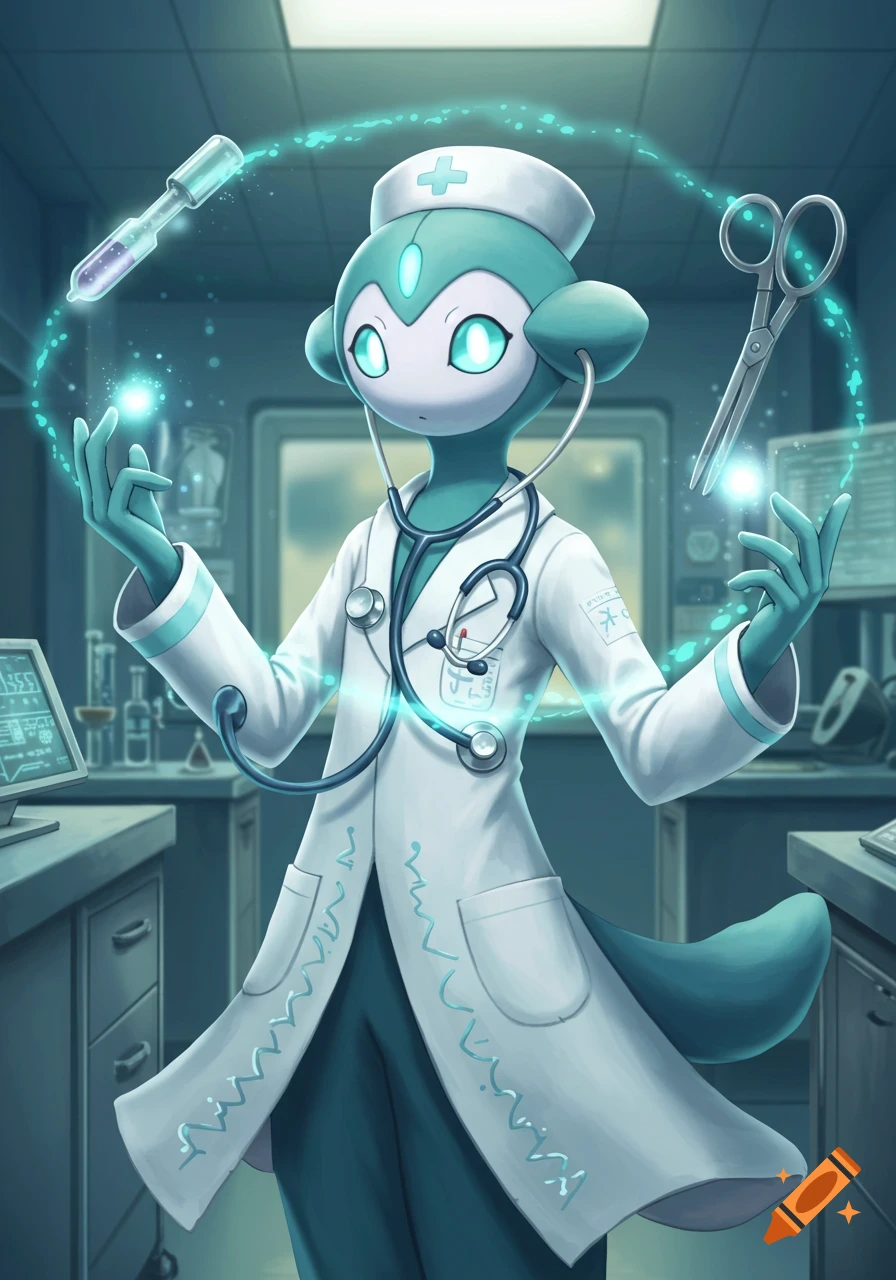 A teal and white creature resembling a Pokemon doctor in a lab, wearing a white coat and stethoscope, with glowing tools.