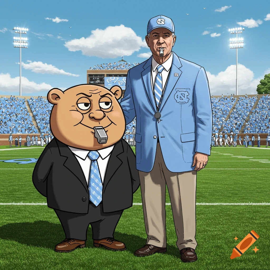 A cartoon of Mr. Boss and a University of North Carolina football coach standing on a football field.