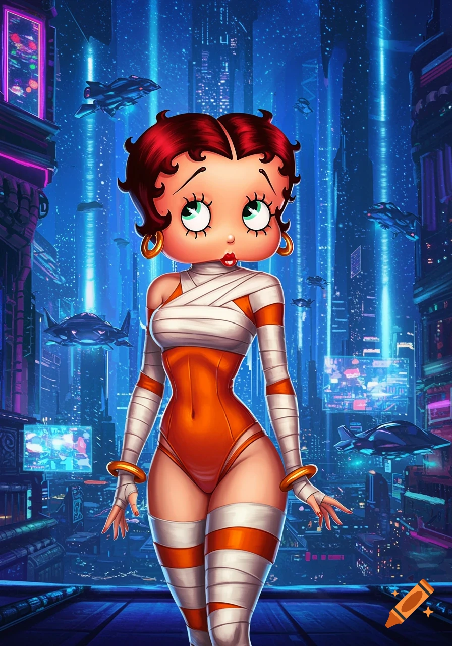 Betty Boop dressed as Leeloo from The Fifth Element in a futuristic city.