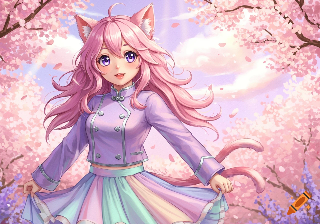 An anime cat girl with pink hair and a pastel outfit smiles under blooming cherry blossom trees.
