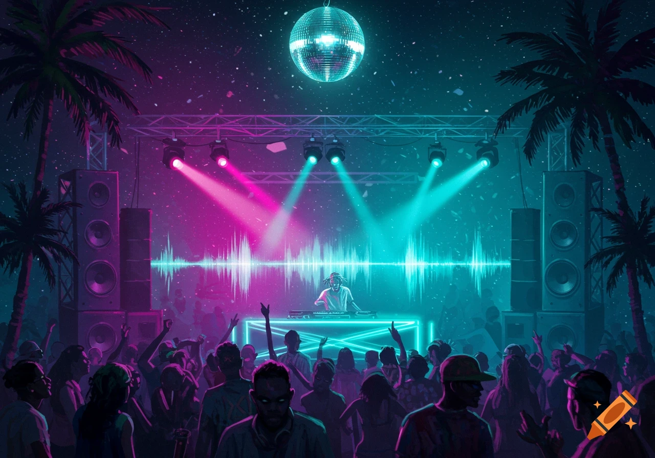 A vibrant, stylized illustration of an outdoor night party with a DJ on stage, a dancing crowd, palm trees, and a disco ball.