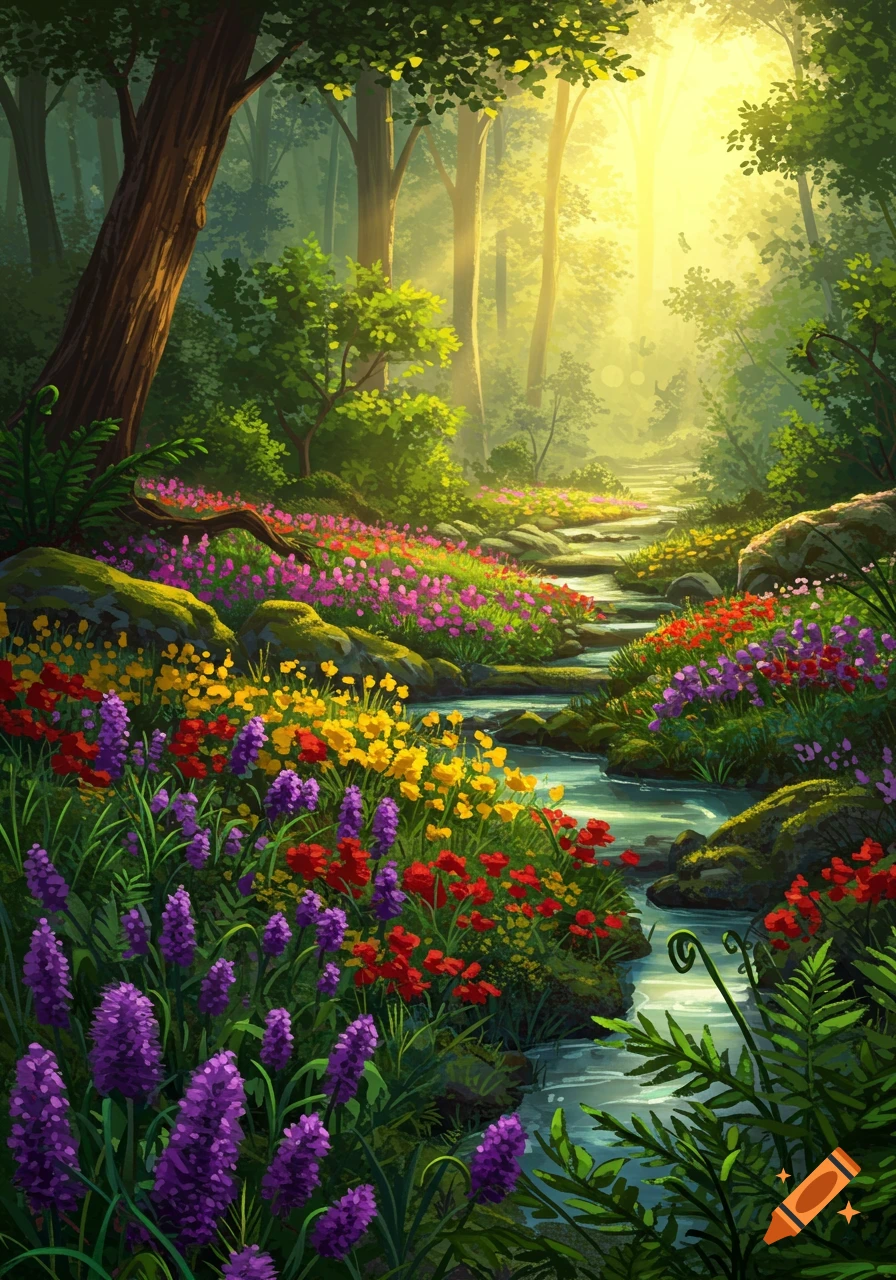A vibrant, colorful forest scene with a winding stream, lush green trees, and abundant purple, red, and yellow flowers under sunlit canopy.
