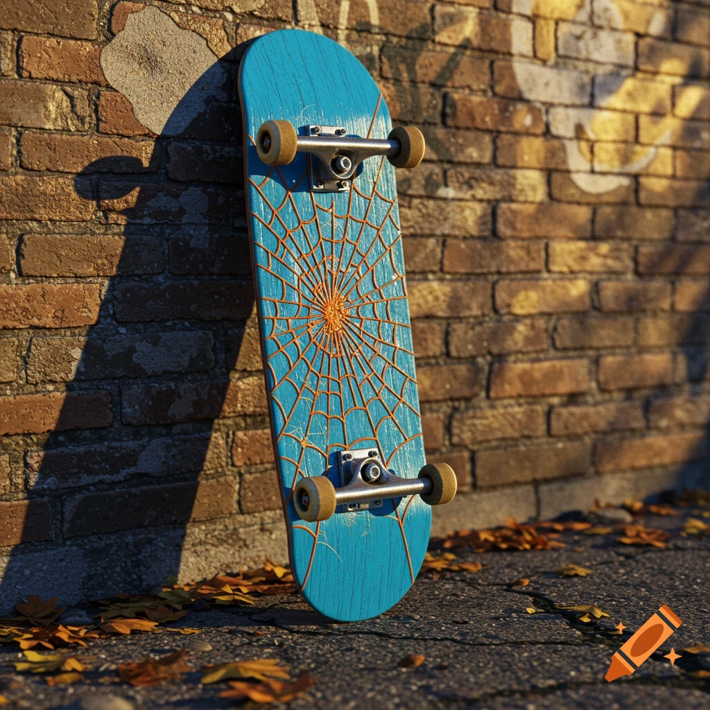 A blue skateboard with an orange spider web design leans against a textured brick wall in sunlight, with fallen autumn leaves on the ground.