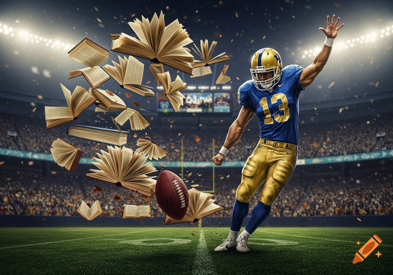 A photorealistic image of a football player kicking a football, surrounded by numerous open books flying through the air in a stadium.