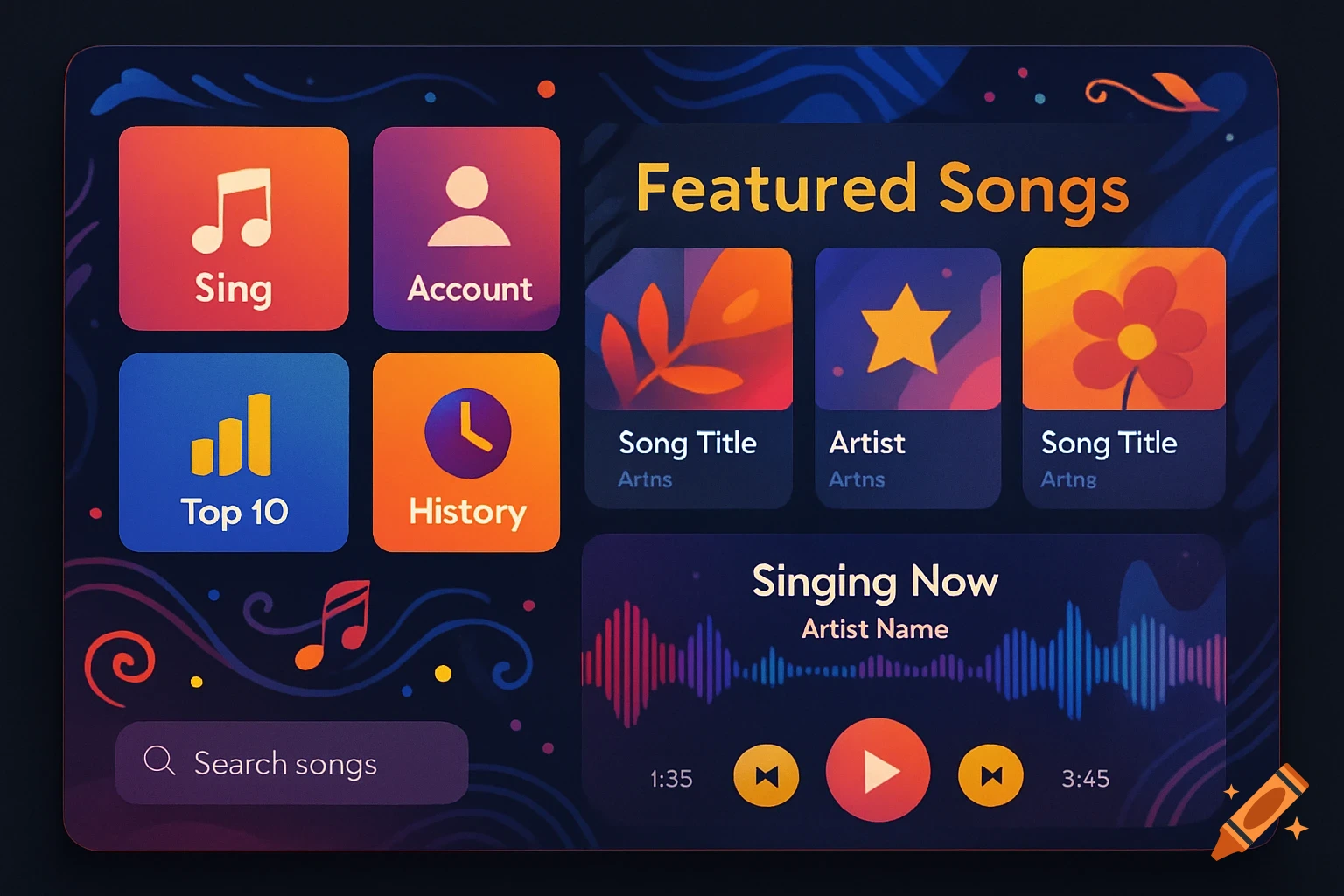 A modern desktop UI for a karaoke app with sections for featured songs, account, top 10, history, and a current playing song with controls. The design features colorful rounded squares and wavy patterns on a dark background.