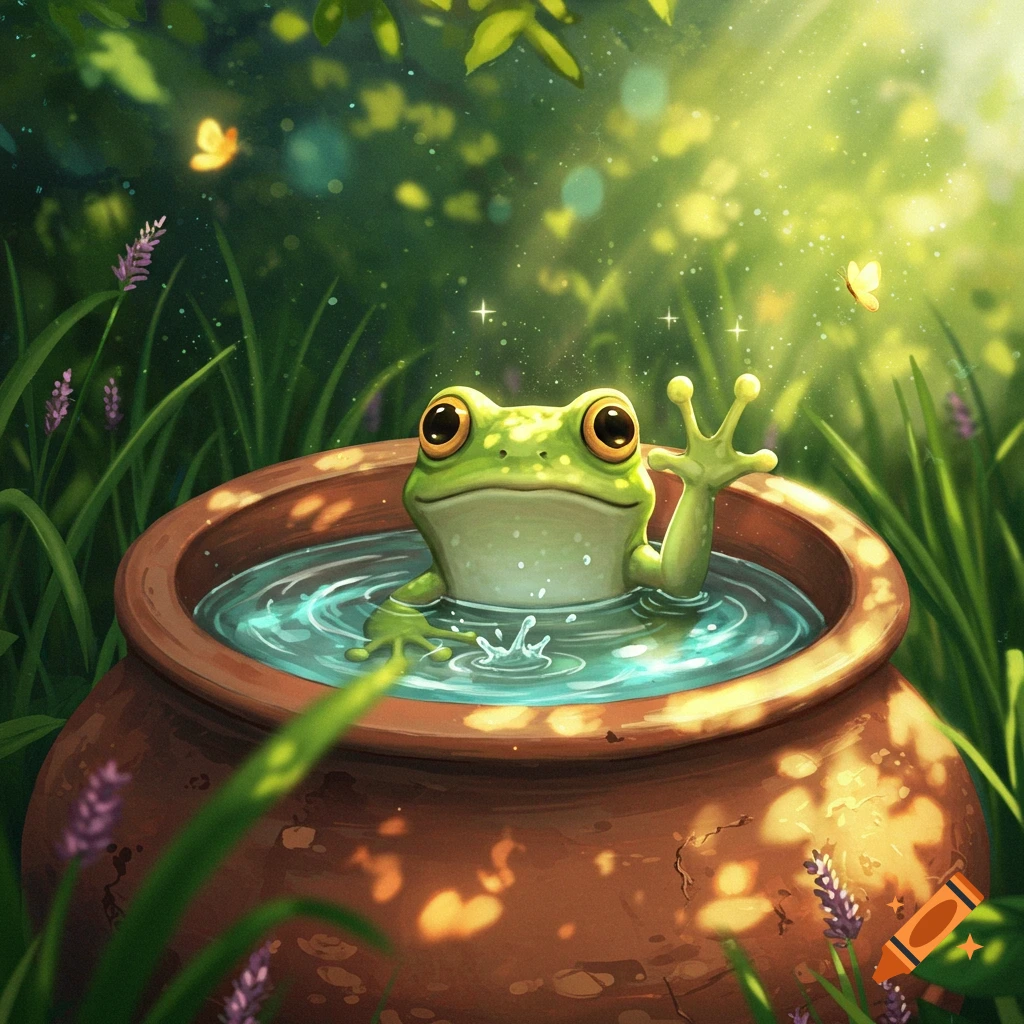 A cute green frog with big eyes sits in a clay pot filled with water, waving, surrounded by lush green foliage and sunbeams.