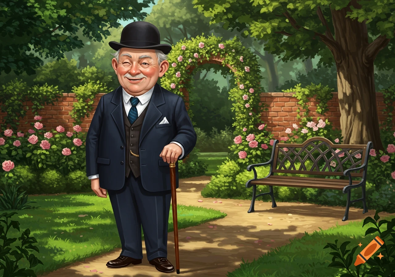 An illustrated old man in a suit and bowler hat winks while standing in a rose garden with a bench.