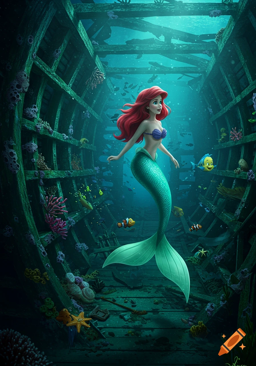 A detailed digital illustration of Ariel, the red-haired mermaid, exploring a coral-covered sunken ship underwater with Flounder and other fish.