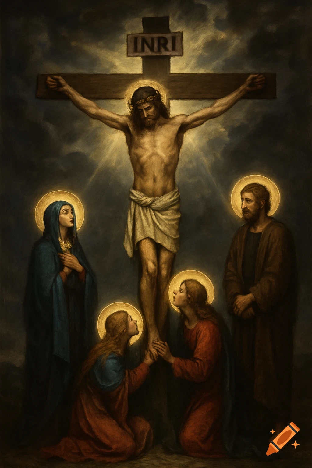 Traditional painting of Jesus Christ on the cross at Golgotha, with Mary, Mary Magdalene, and John the Apostle below.