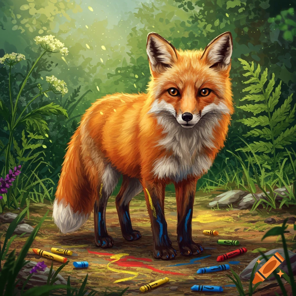 A vibrant red fox with white markings stands in a forest, its paws stained with colorful crayon marks. Scattered crayons lie on the dirt ground, surrounded by green foliage and wildflowers. The style is illustrative.