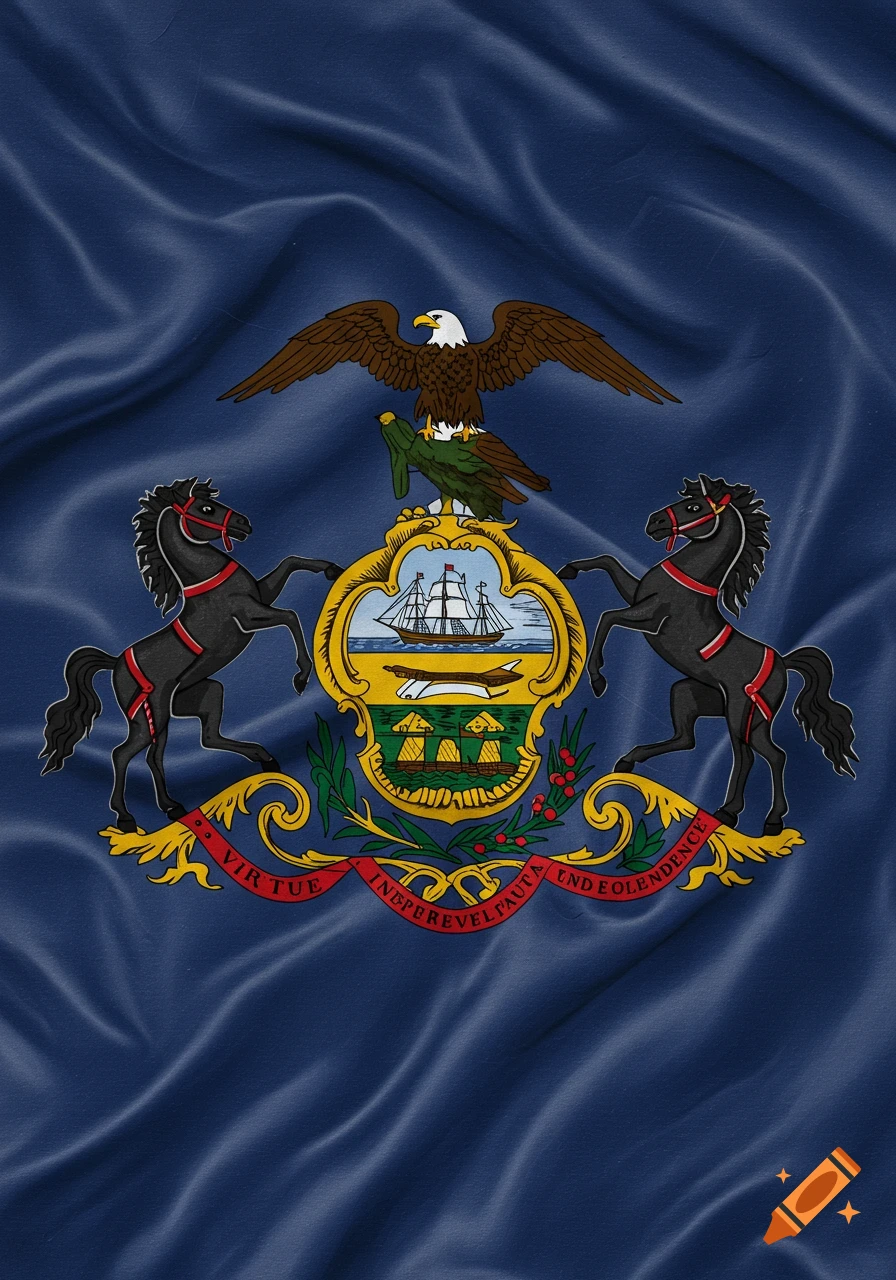 The Pennsylvania state flag, featuring its coat of arms with two black horses, an eagle, and a ribbon with text, on a dark blue wavy fabric.