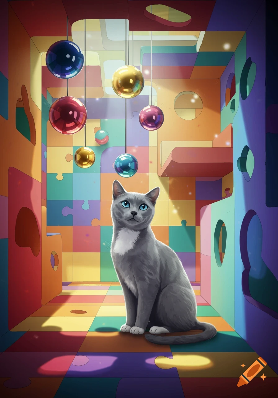 A gray cat with blue eyes sits in a vibrant, puzzle-piece patterned room with colorful walls, cutouts, and hanging metallic spheres.