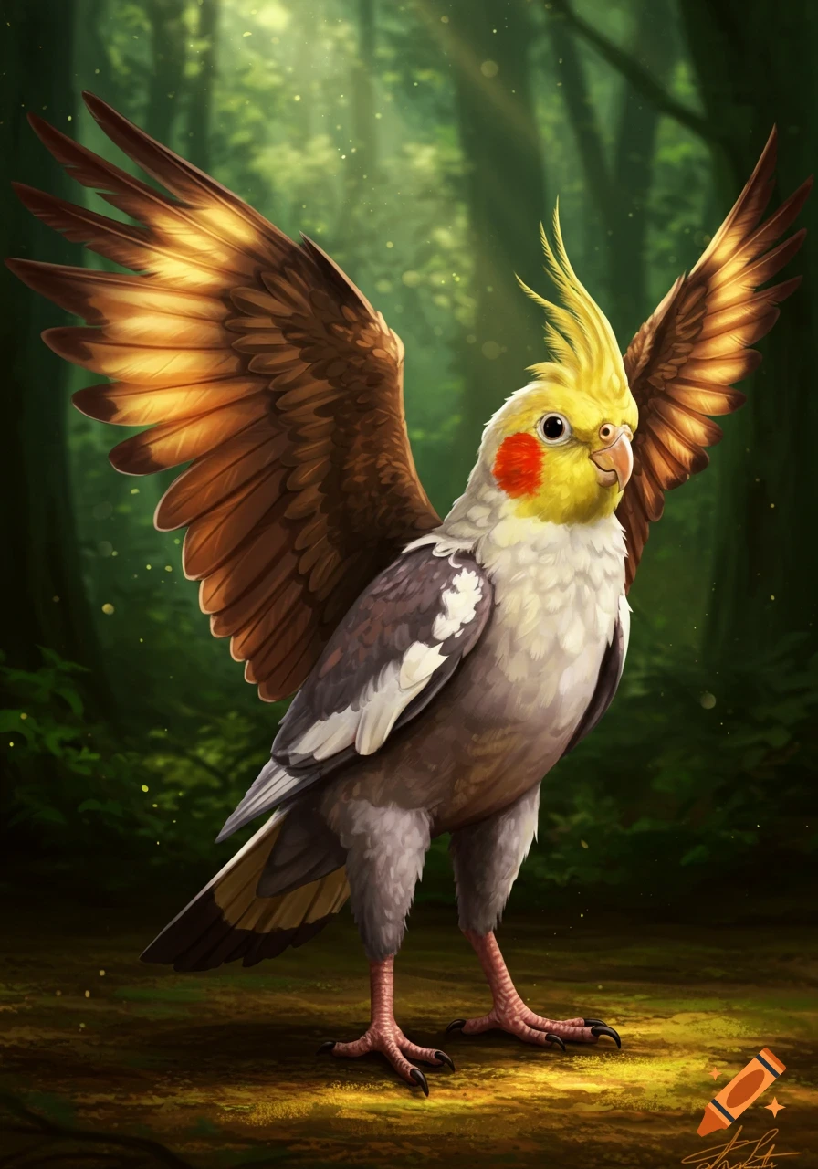 A vibrant digital painting of a cockatiel with eagle wings and thick, feathered legs, standing in a sunlit forest.