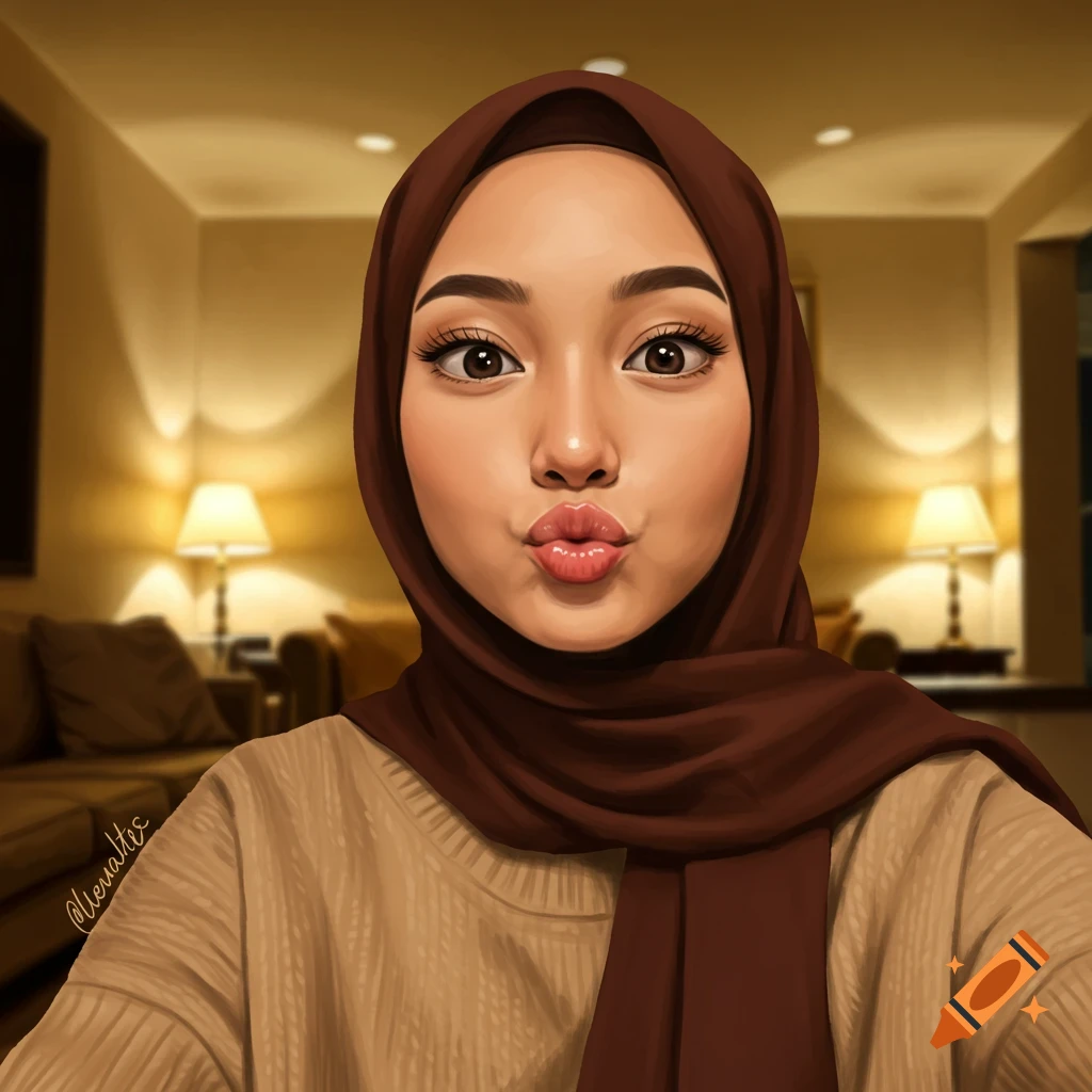 An illustrated young woman in a brown hijab making a kissy face, with a warm indoor background.