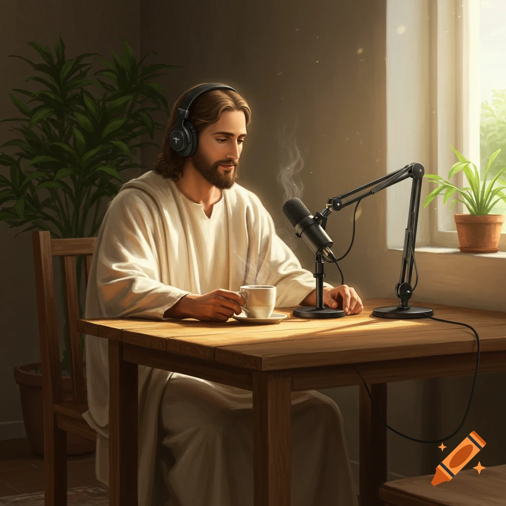 White Jesus in robes and headphones holds a coffee cup at a wooden table with a podcast microphone.