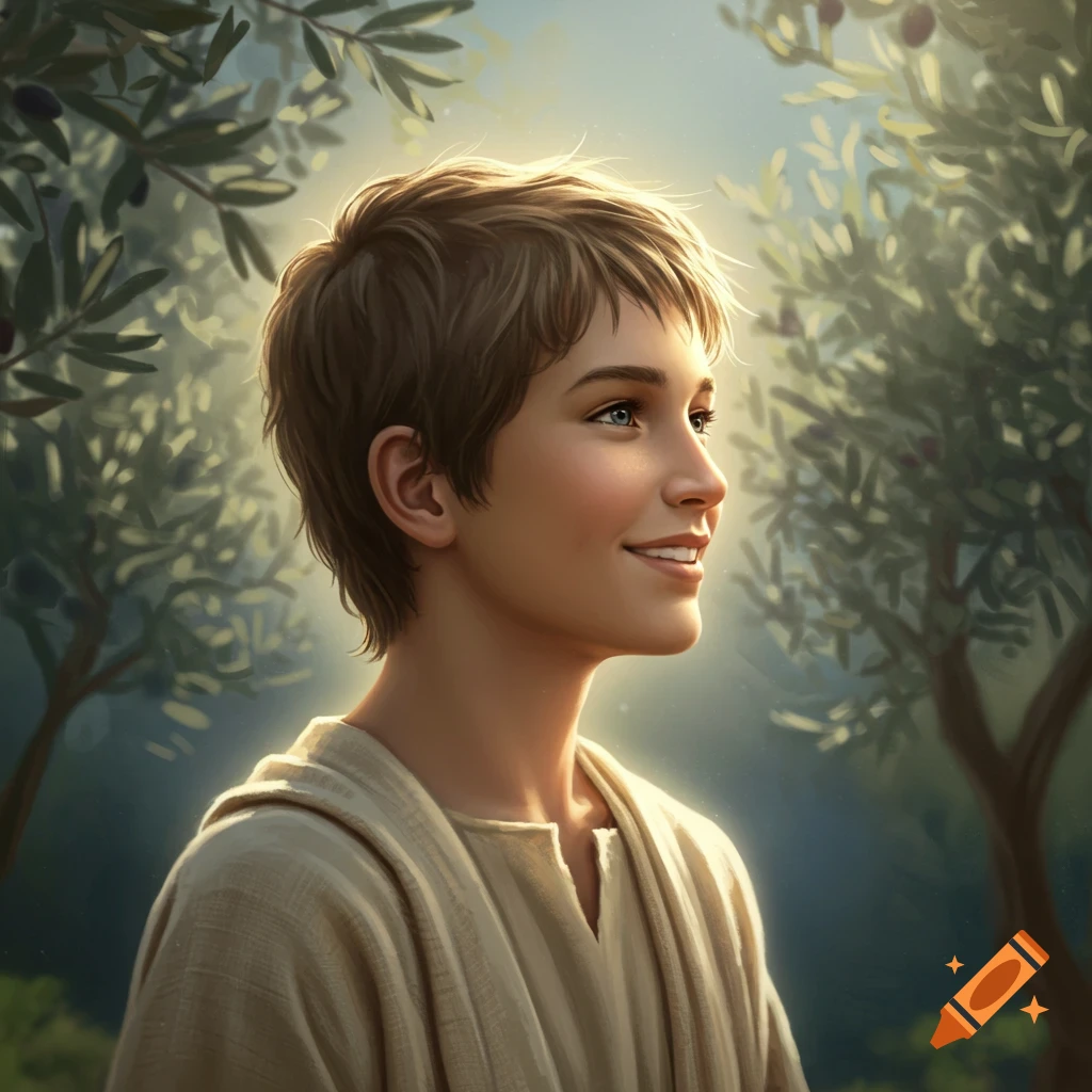 A smiling young boy in a robe, looking upwards, standing amongst olive trees in sunlight.