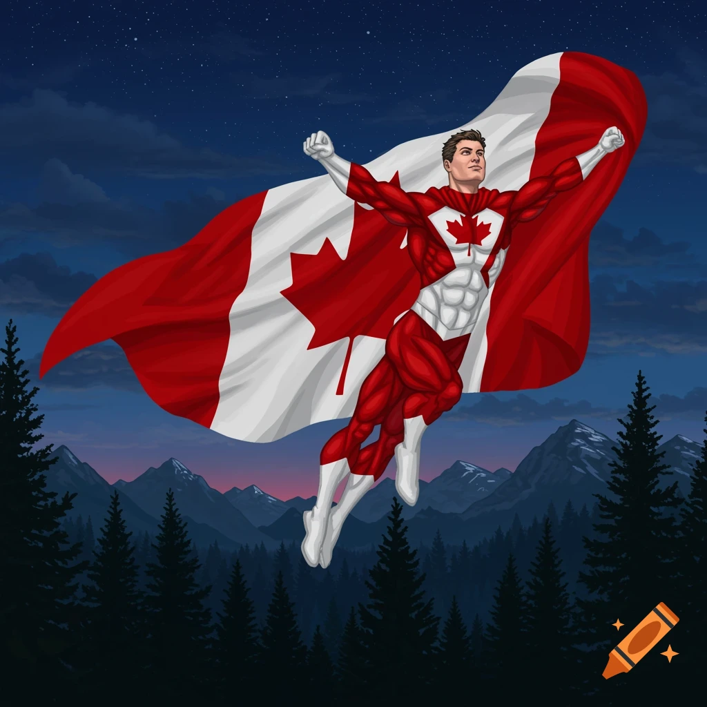 A muscular superhero in a red and white costume with a maple leaf chest emblem flies with a Canadian flag cape over a mountain and forest landscape at night.