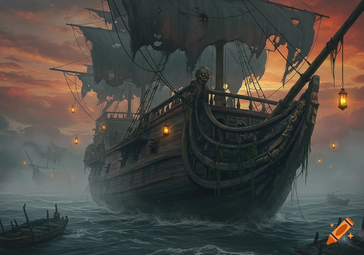 A dark, dilapidated pirate ship with tattered sails and a skull figurehead floats on choppy seas under an ominous orange sky.
