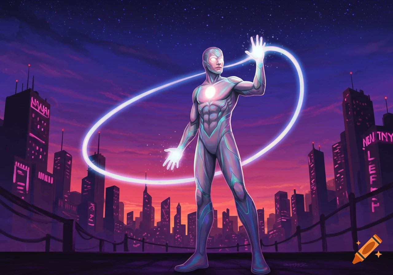 A superhero in a silver and blue suit with glowing hands and chest stands on a rooftop overlooking a futuristic city at sunset.