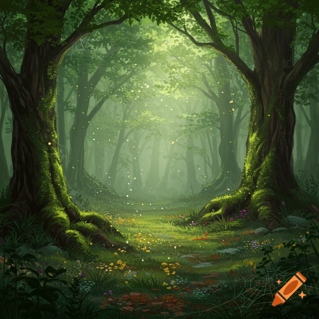 A magical, sun-dappled forest path winds through tall trees covered in moss, with wildflowers on the ground.