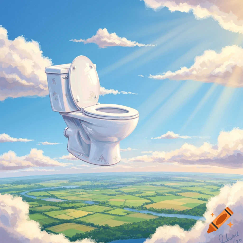 A white toilet floats high in a blue sky with clouds, above a green landscape with fields and a river, in an illustrative style.