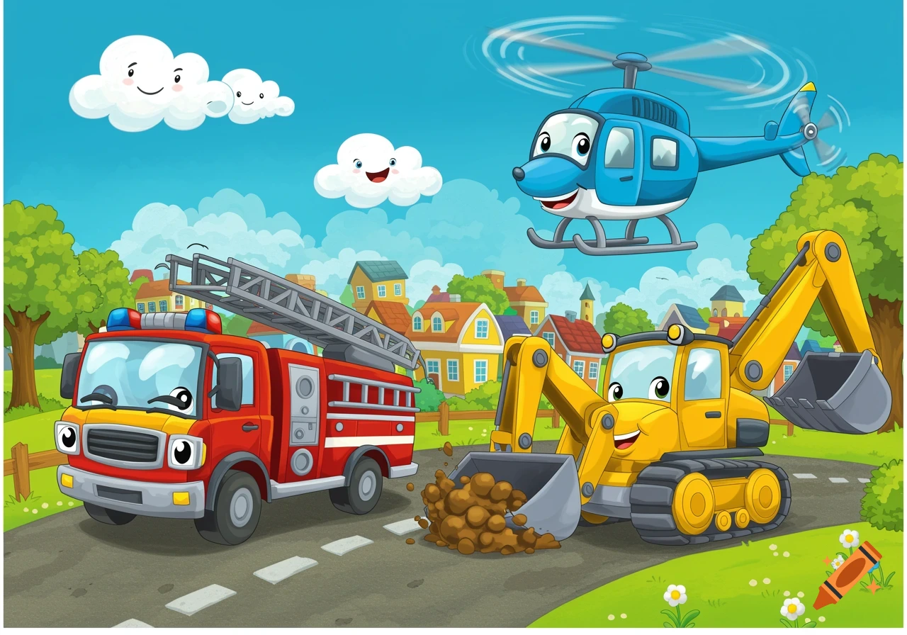 Cartoon scene with a red fire engine, a yellow digger, and a blue helicopter with smiling faces in a vibrant town.