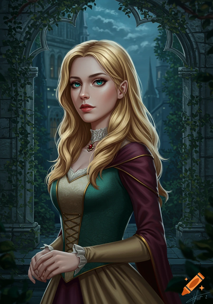 A blonde woman with emerald eyes in a medieval dress stands in a gothic archway.