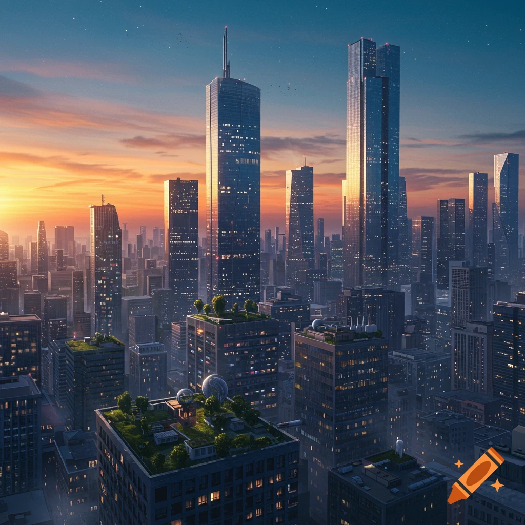 Photorealistic aerial view of a modern cityscape at sunset with towering skyscrapers and green rooftops.
